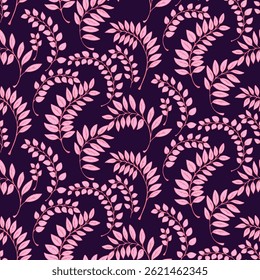 Seamless botanical pattern pink leaves on a dark background. Elegant foliage design  ideal for textiles, packaging, home decor, and stationery projects