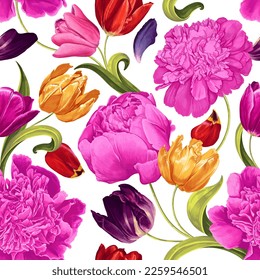 Seamless botanical pattern with pink peonies and colorful tulips. Realistic hand-drawn vector flowers, template for textiles, surface design, wallpaper, clothing prints, postcards, ads, banners