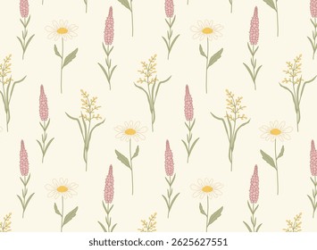 Seamless botanical pattern with pink Veronica flowers, chamomile, and yellow meadow herbs on a soft cream background. Ideal for stationery, textiles, wallpapers, and eco-themed design.