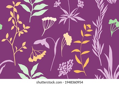 Patrón botánico sin foco con plantas y flores de la ilustración hecha a mano del vector forestal. Textura floral para tela, textil, papel de pared, papel de envoltura.