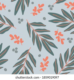 Seamless Botanical pattern, Plants, green leaves and branches, beautiful ornament, ideal for drawing on fabric, wrapping paper, interior decor or poster