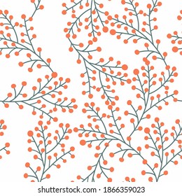 Seamless Botanical pattern, plants, orange berries on green branches intertwined with each other, red physalis, ideal for drawing on fabric or decor