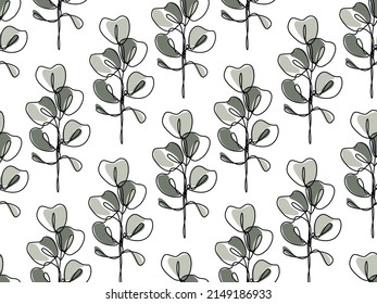 Seamless botanical pattern of plants sketched with a solid black outline and shades of gray spots. Modern design for home textile, wallpaper, paper, fabric. Vector illustration on white background.