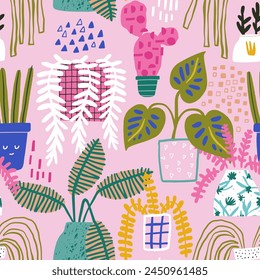 Seamless botanical pattern with plats in pots. Cartoon floral on pink texture. Vector illustration