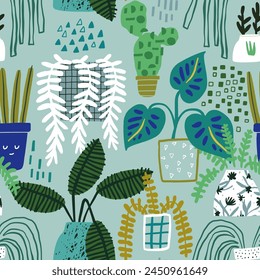 Seamless botanical pattern with plats in pots. Cartoon floral on mint texture. Vector illustration