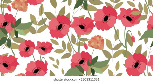 Seamless botanical pattern with poppies. Bright for printing on fabric and paper.