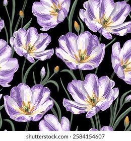 A seamless botanical pattern of purple flowers on a black background for any surface. 