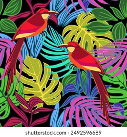 Seamless botanical pattern with rainforest plants and exotic birds. Vector illustration 