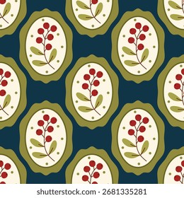 Seamless botanical pattern with red berry branches in cream oval frames on a dark teal background, vintage decorative style