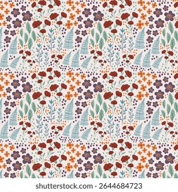 Seamless botanical pattern with red flowers and ferns on light background, hand-drawn floral illustration with orange and purple blossoms