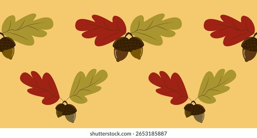 Seamless botanical pattern of red and green oak leaves with acorns on a warm light orange background. Ideal for autumn-themed borders, textiles, and decorative elements.