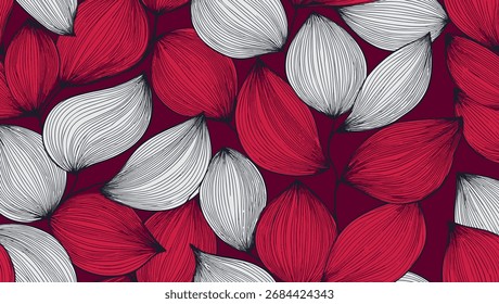 Seamless botanical pattern with red and white stylized leaves on dark background. Modern floral design perfect for fabric, wallpaper, stationery, textile, fashion and decorative projects.
