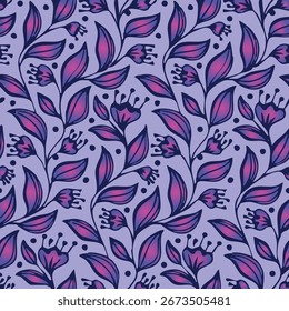 A seamless botanical pattern in a rich purple and pink palette, with stylized natural forms and a modern, bold color scheme.