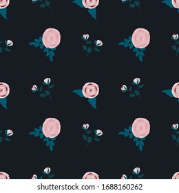 Seamless botanical pattern with rosebuds and leaves in pastel colors on a black background.Botanical  pattern  for fabric,invitations, wrapping paper, cards and other materials.