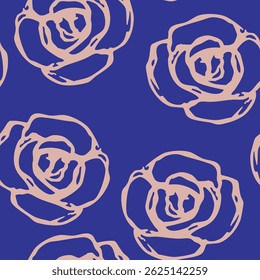Seamless botanical pattern with roses. Repeating floral print with silhouetted blossom. Hand drawn sketches. On blue background.