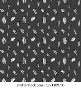  Seamless Botanical pattern in Scandinavian style.Black and white pattern with leaves on a gray background. Beautiful design for textiles, printing, paper products