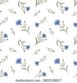 Seamless botanical pattern with scattered blue cornflowers and delicate stems. Lightweight floral vector repeat suitable for fabric, wallpaper, gift wrap, stationery and home decor products.