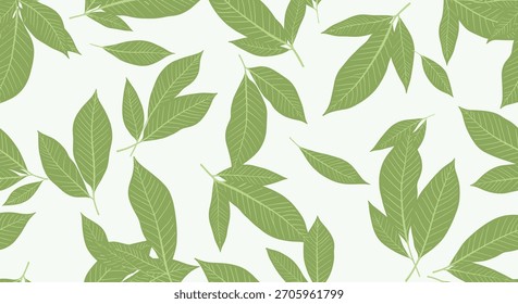 Seamless botanical pattern of scattered green leaves with detailed veins on a light background perfect for nature-themed projects.
