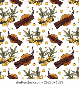 Padrão Botânico Perfeito com Mar Buckthorn e Canela. Padrão de ingredientes de chá de ervas com cítricos e especiarias