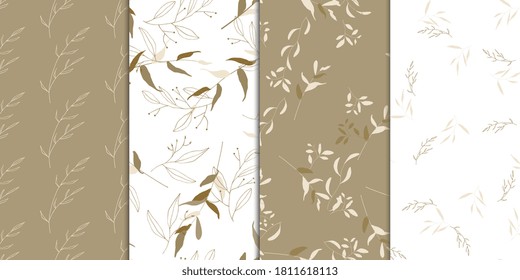 Seamless botanical pattern set. Retro abstract cards with green floral prints. Vector.