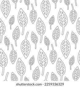 Patrón botánico sin foco con hojas verdes dibujadas a mano de silueta sobre blanco. Textura floral abstracta. Papel envuelto. Colores