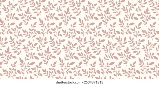 Seamless botanical pattern of simple hand drawn plant silhouettes. Abstract nature ornament, design print of thin branches, small leaves in ornate composition. Vector illustration in two colors.