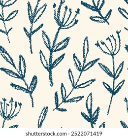 Seamless botanical pattern of sketch drawing wild plants, dry decorative twigs of flowers with leaves. Abstract ornament, floral print with large textured botany in two colors. Vector illustration.