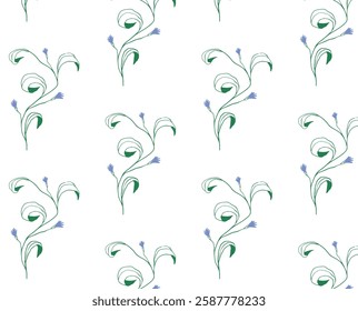 Seamless botanical pattern with soft green Leaves and small Blue Flowers. Hand-drawn floral texture for textile, wallpaper, wrapping. Elegant minimal flat vector illustration.