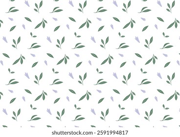 Seamless botanical pattern with soft Green Leaves and Tiny Blue Flowers. Hand-drawn floral ornament for textile, wallpaper, wrapping. Flat elegant botanical vector illustration.