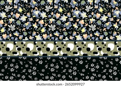 Seamless botanical pattern. Stripes of paper cutouts of plants and herbs background. Drawing flowers, dots, twigs. Vector illustration on dark blue background. Print on bed linen, clothes, fabric