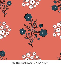 Patrón botánico sin fisuras con flores estilizadas en blanco y azul marino sobre un fondo de coral cálido, perfecto para textiles y papel de regalo.