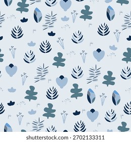 Seamless botanical pattern with stylized leaves and abstract flowers in muted blue and teal, ideal for textiles, wallpaper, wrapping paper, and decorative surfaces