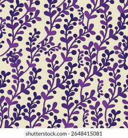 Seamless botanical pattern with stylized purple branches and berries on a light beige background. Ideal for textiles, decor, and digital art, embracing nature-inspired and whimsical design trends.