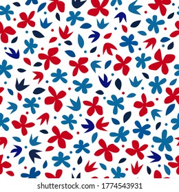 Seamless botanical pattern with stylized red and blue flowers. Vector illustration.