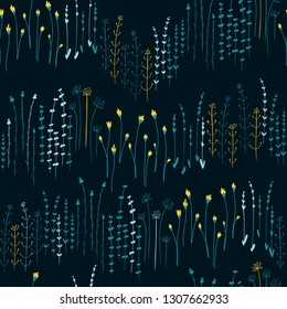 Seamless botanical pattern with summer flowers and herbs. Vector illustration in hand-drawn style on dark background