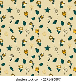 Seamless botanical pattern with summer leaves and flowers on a beige background. Doodle style. Vector illustration