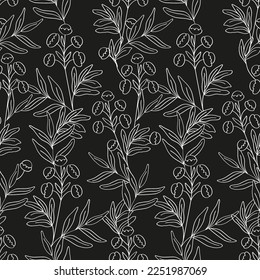 Seamless botanical pattern of tansy flower, branch and leaf. Medicinal plants herbs are hand drawn.