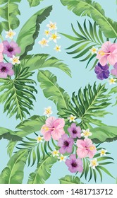 Seamless botanical pattern for textile, print, fabric on colored  background.Seamless vector illustration . Tropical summer composition.