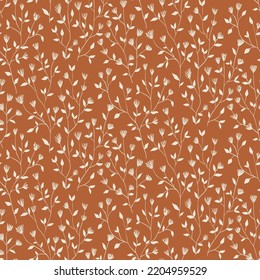 Seamless botanical pattern with thin branches in vintage style. Abstract floral arrangement of thin twigs with small flowers, leaves on a terracotta background. Vector illustration.