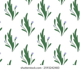Seamless botanical pattern with tiny Blue Flowers and soft Green Leaves. Hand-drawn floral ornament for fabric, wallpaper, wrapping. Flat elegant vector illustration.