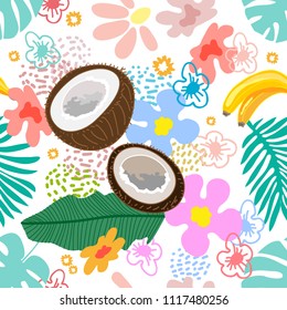 Seamless botanical pattern with tropical flowers, coconuts and bananas inspired by 1950s-1960s design. Retro textile collection. On white background.