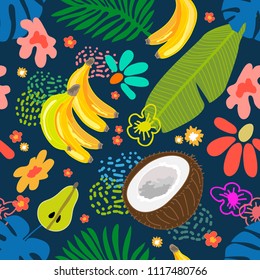 Seamless botanical pattern with tropical flowers, coconuts and bananas inspired by 1950s-1960s design. Retro textile collection. On blue background.