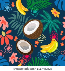 Seamless botanical pattern with tropical flowers, coconuts and bananas inspired by 1950s-1960s design. Retro textile collection. On dark background.