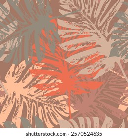 Seamless botanical pattern. Tropical large leaves. Background in warm shades of white, chocolate, orange, brown and gray.