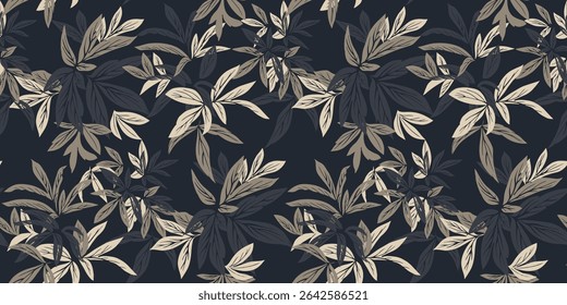 Seamless botanical pattern with tropical leaves in dark and beige tones on a deep background. Nature ornament for fashion, home decor, print, elegant designs