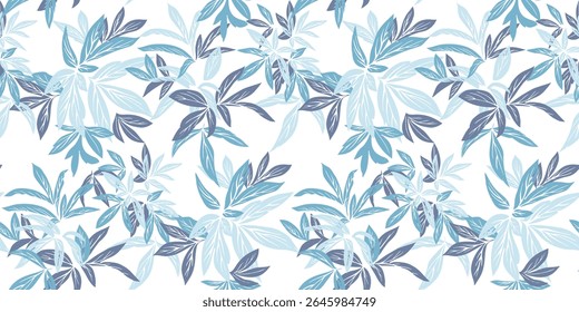 Seamless botanical pattern with tropical leaves in blue, and navy tones on a white background. Nature ornament for fashion, home decor, summer projects, designs
