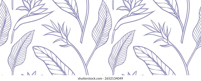 Seamless botanical pattern with tropical leaves and flowers in purple line art on white background, elegant nature-inspired design perfect for wallpapers, fabrics, prints, and modern 