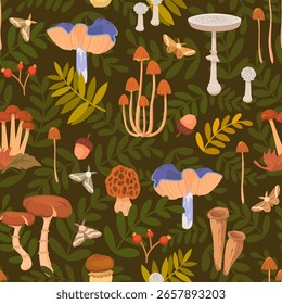 Patrón botánico sin fisuras con varios hongos, hojas, bayas sobre un fondo verde oscuro. Perfecto para scrapbooking, textiles, envoltura, cubierta, ropa de cama, mantel, Fondo de pantalla