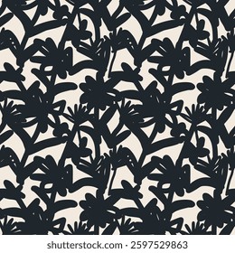 Seamless botanical pattern vector illustration. Abstract hand drawn style. Black color on cream background. For design background, textile, wallpaper, graphic, modern, mysterious, clothing, interior