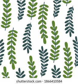 Seamless Botanical pattern, vertical green branches, green leaves, ideal for drawing on fabric or interior decoration
